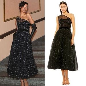 Betsy & Adam Faux Pearl One-Shoulder Tulle Gown